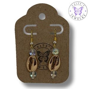 Handmade Gold Fishhook Earrings with Cowrie Shell and Glass Beads